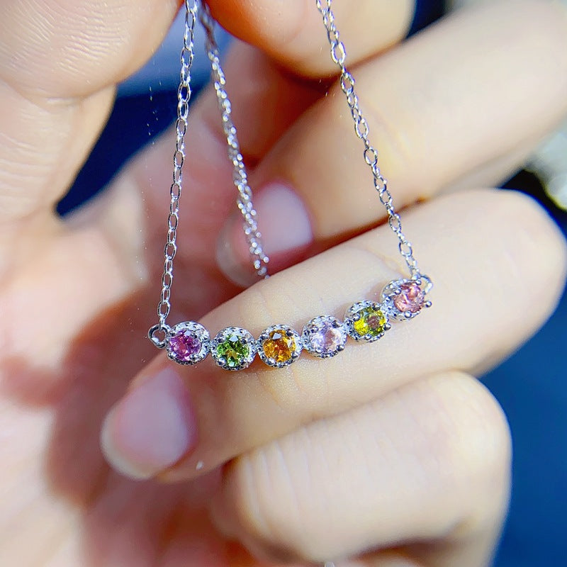 S925 Natural Color Tourmaline Pendant Oval Necklace
