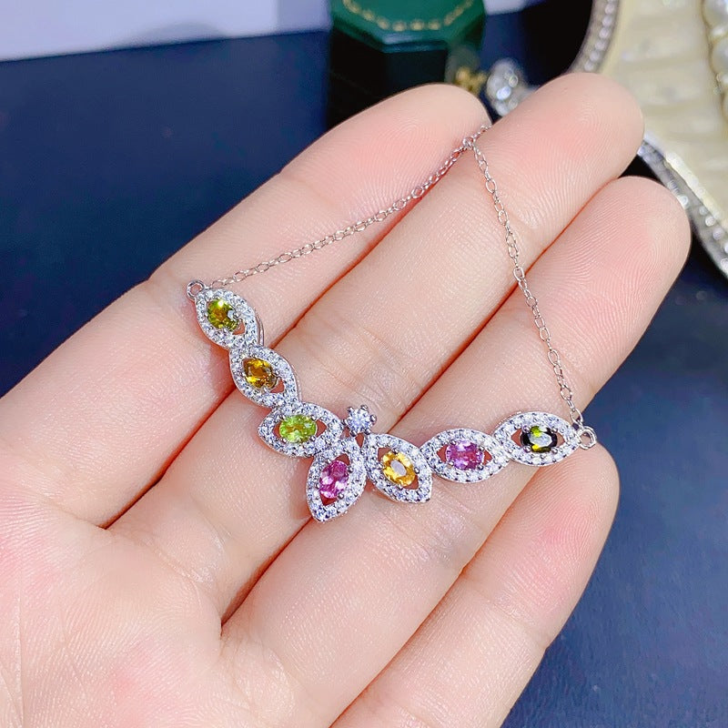 S925 Colorful Natural Tourmaline Pendant Necklace