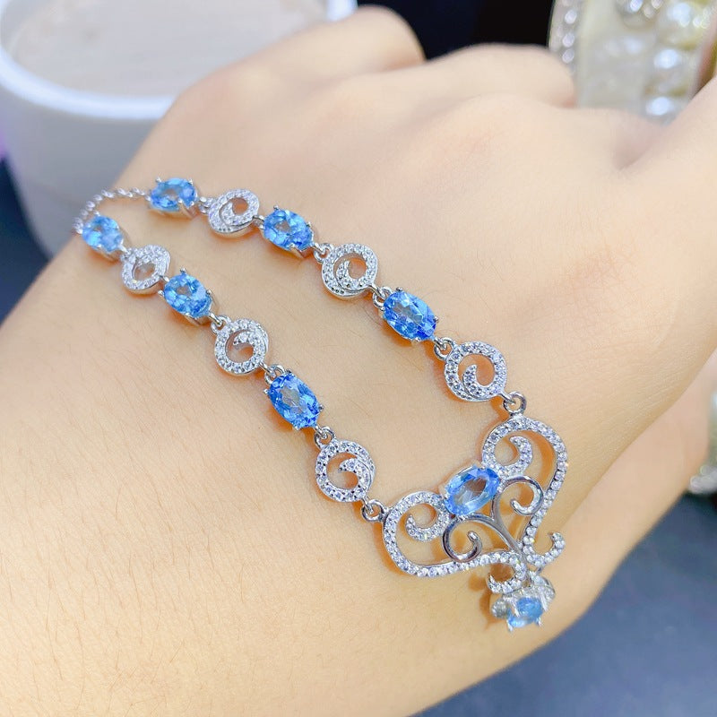 S925 Natural Swiss Blue Topaz Chain Row