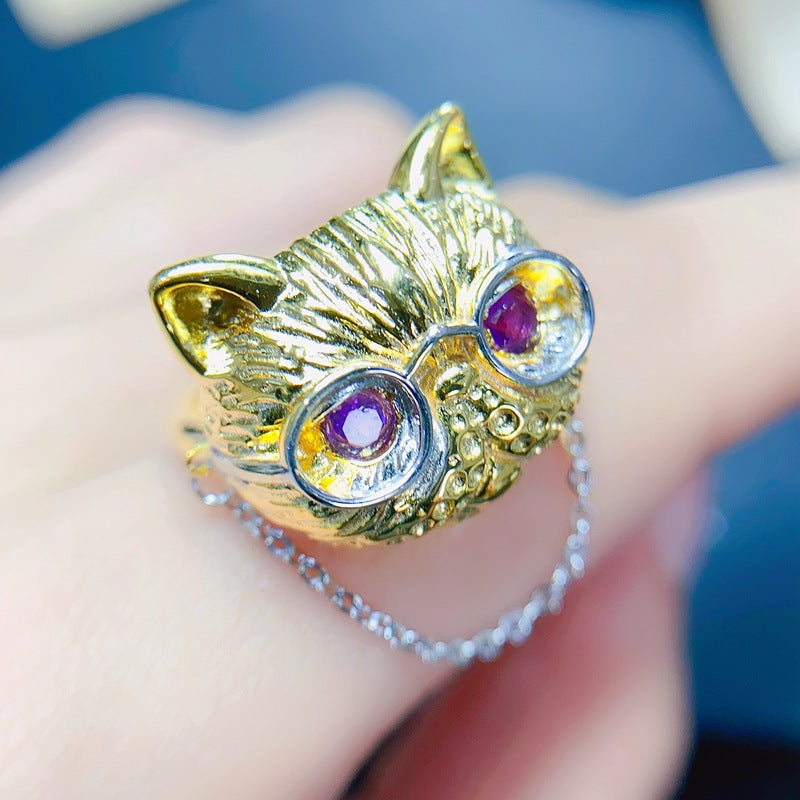 S925 Cat Natural Amethyst Ring