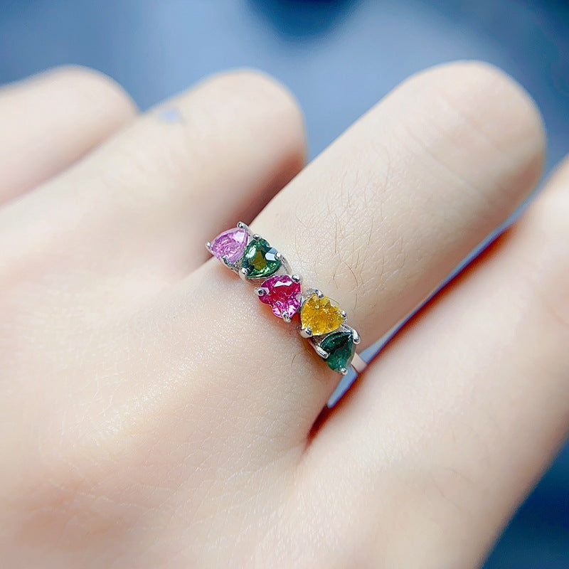 S925 Heart Shaped Candy Color Natural Tourmaline Row Ring