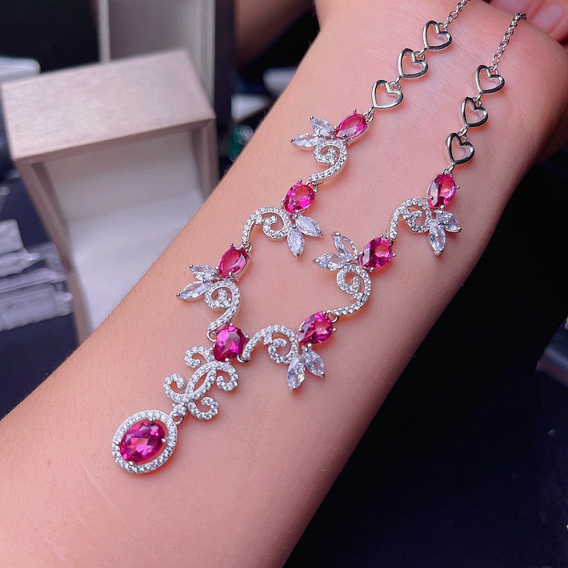 S925 Natural Pink Topaz Chain Row Necklace
