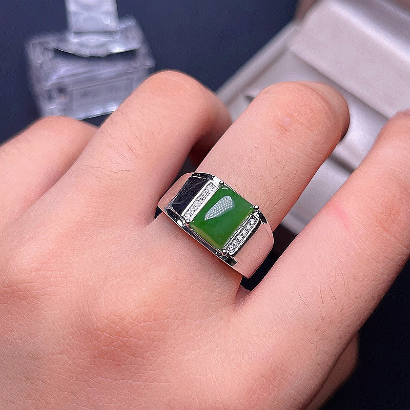 S925 Natural Hotan Jasper Men's Ring