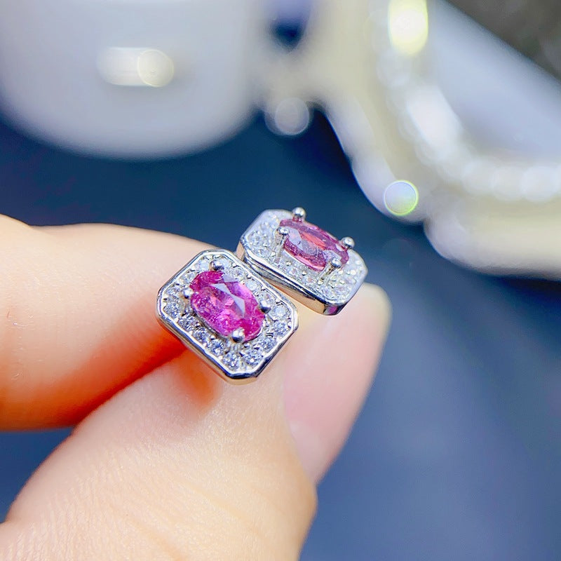 S925 Simple Fashion Natural Pink Tourmaline Earrings