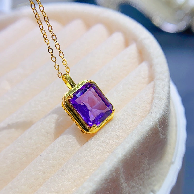 S925 Natural Amethyst Pendant Small Octagonal 8*10mm Ladies Pendant