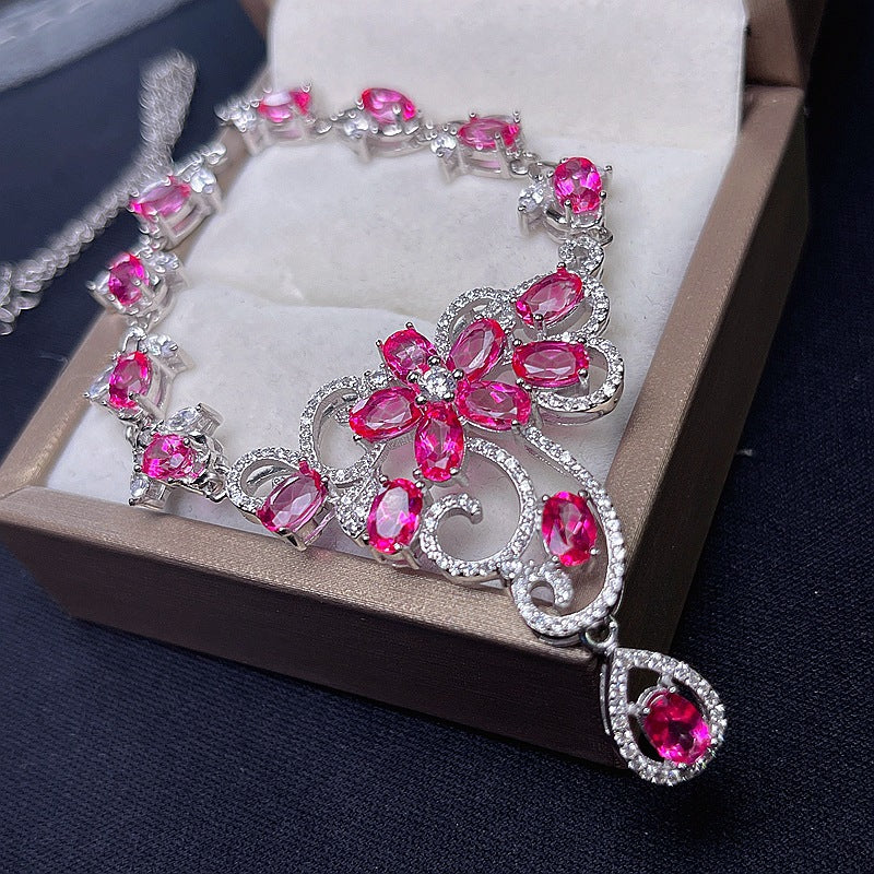 S925 Natural Pink Topaz Chain Row Necklace