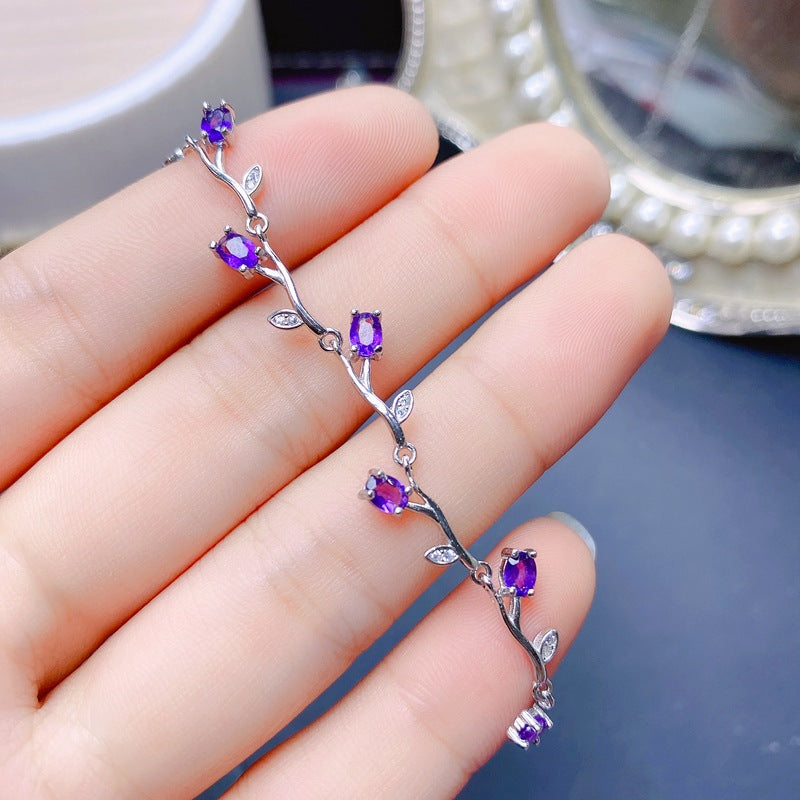 S925 Simple Branch Leaf Amethyst Bracelet