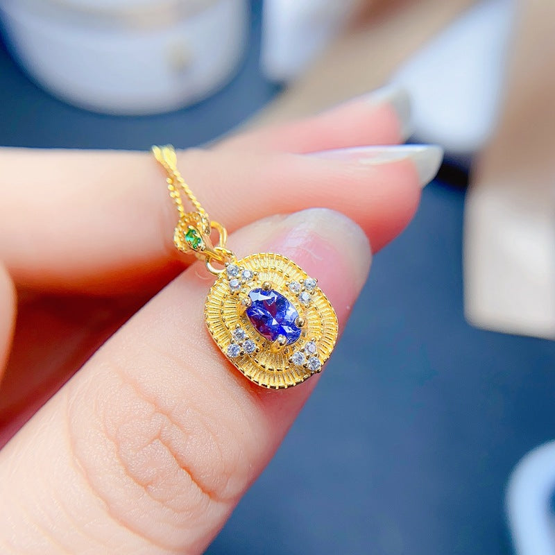 S925 Simple Oval Natural Tourmaline Pendant