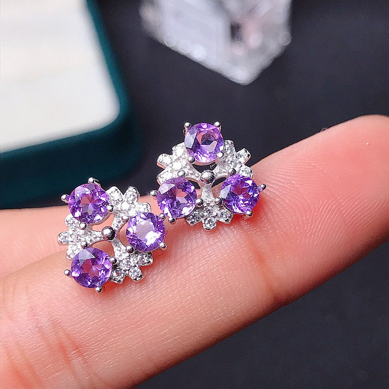 S925 Simple Earrings 925 Sterling Silver with Amethyst Earrings