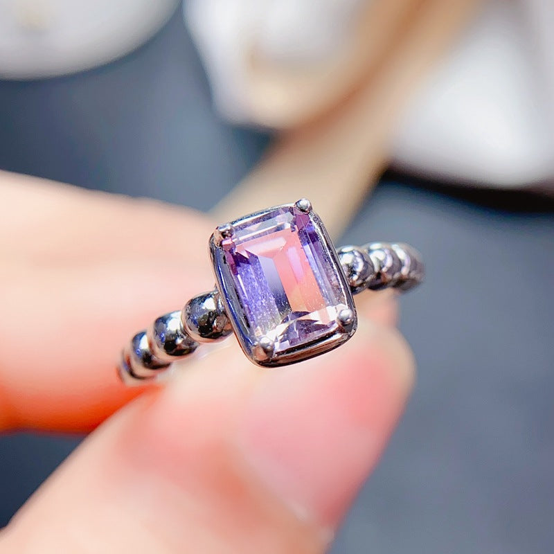 S925 Silver Small Octagonal 5*7mm Amethyst Ring