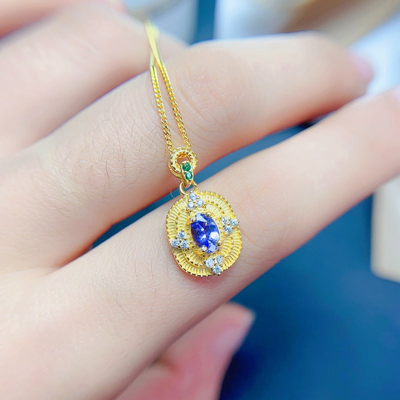 S925 Simple Oval Natural Tourmaline Pendant
