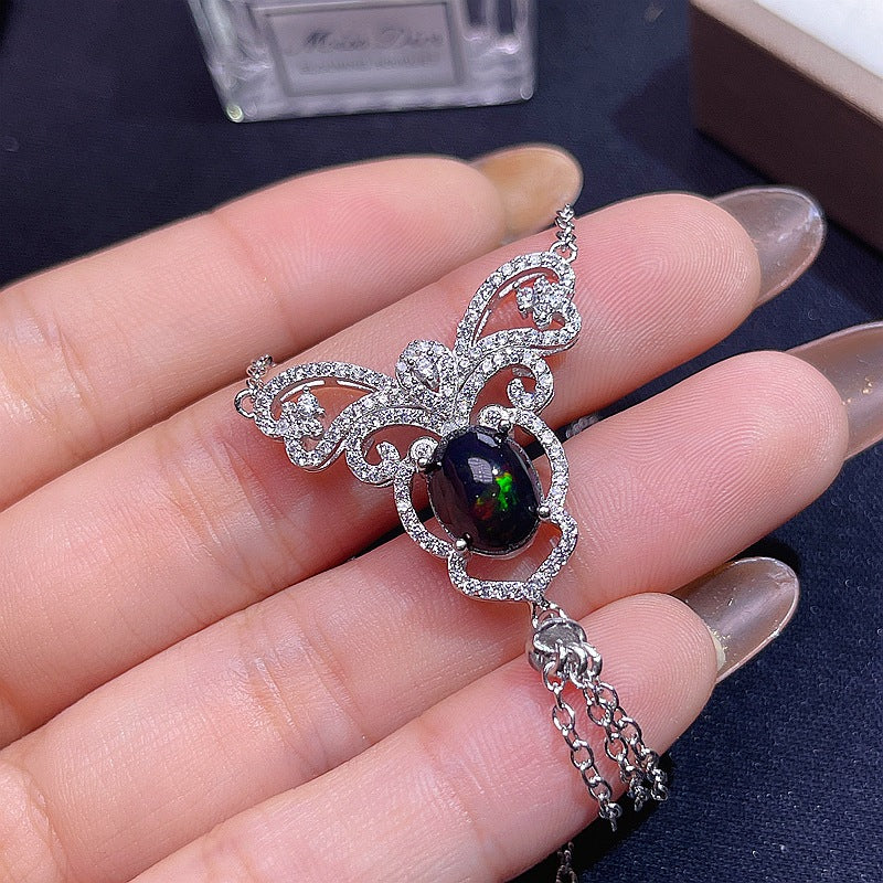 Natural Black Opal Chain Row 925 Silver with Dazzling Fire Color Black Opal Collarbone Chain