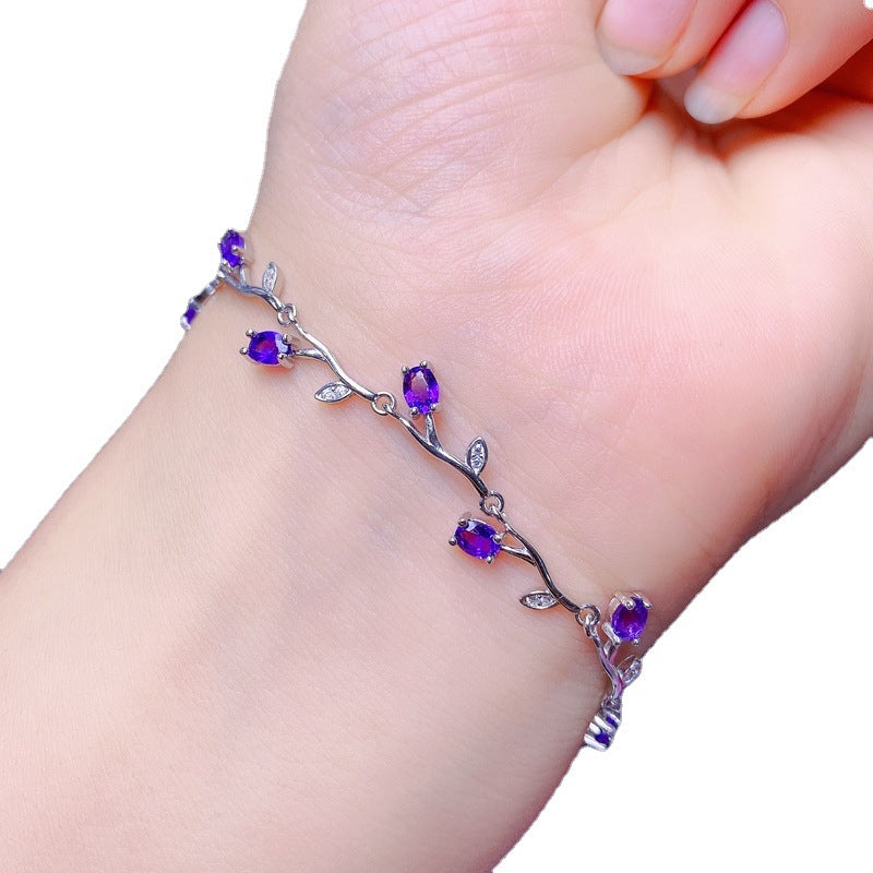 S925 Simple Branch Leaf Amethyst Bracelet