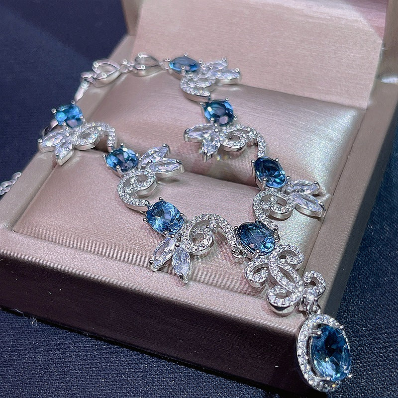 S925 Natural London Blue Topaz Chain Row Necklace