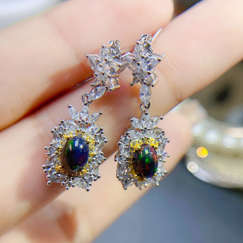 S925 Natural Black Opal Earrings