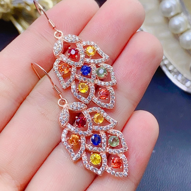 S925 Light Luxury New Colorful Natural Sapphire Earrings