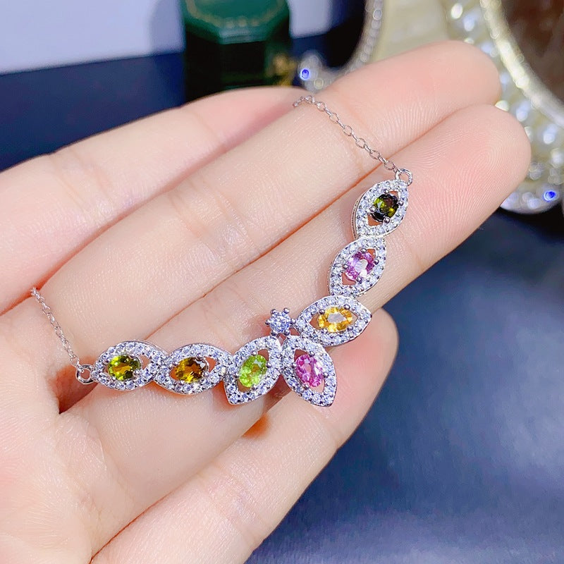 S925 Colorful Natural Tourmaline Pendant Necklace