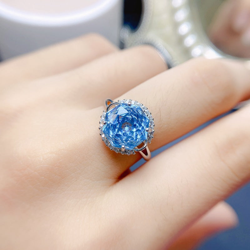S925 Natural Rose Cut Crafted Blue Topaz Ring
