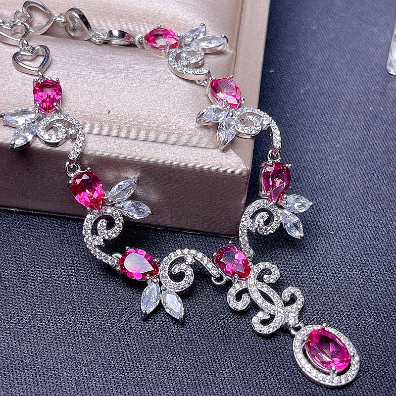 S925 Natural Pink Topaz Chain Row Necklace