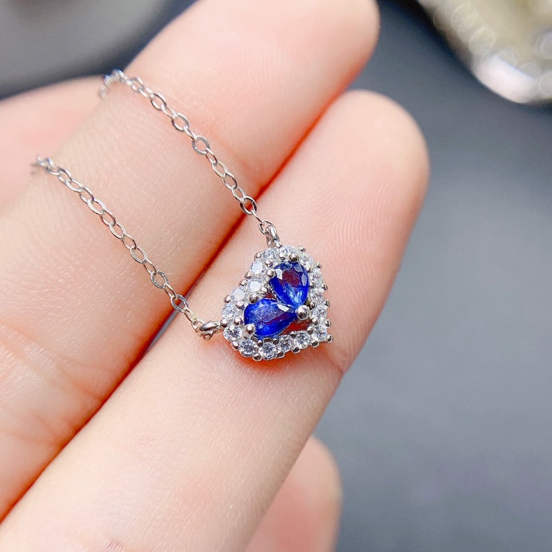 S925 Natural Sapphire Pendant Heart 3*4mm Ladies Pendant