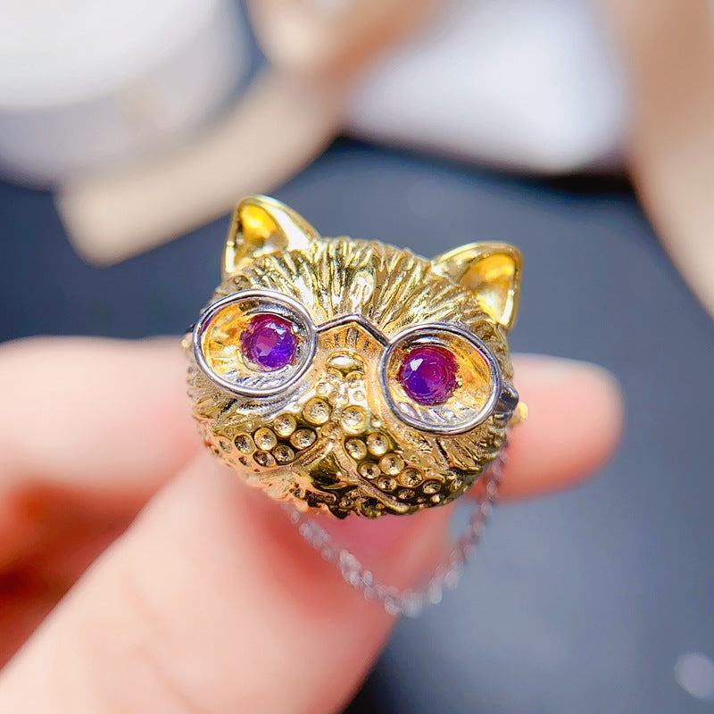 S925 Cat Natural Amethyst Ring
