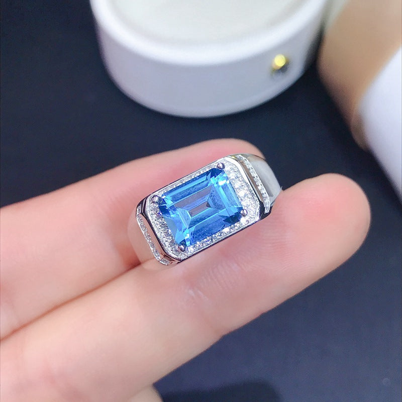 S925 Natural London Blue Topaz Men's Ring