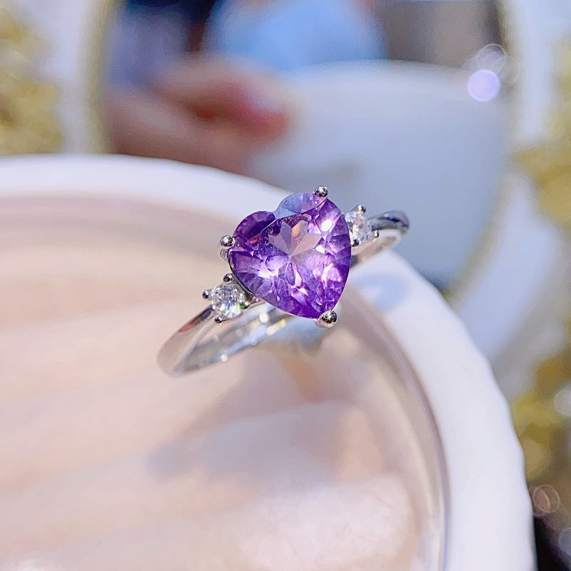 Simple Natural Heart Amethyst Women's Ring