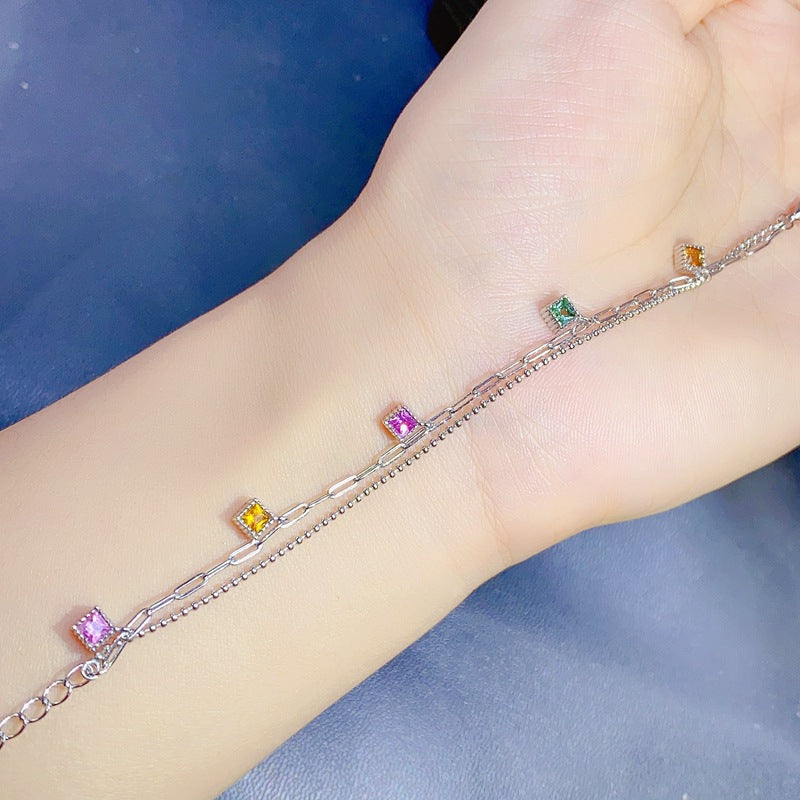 S925 Colorful Natural Tourmaline Square Bracelet
