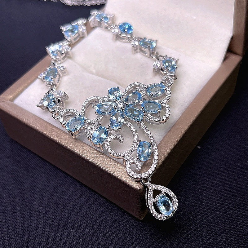 S925 Natural Blue Topaz Chain Row Necklace