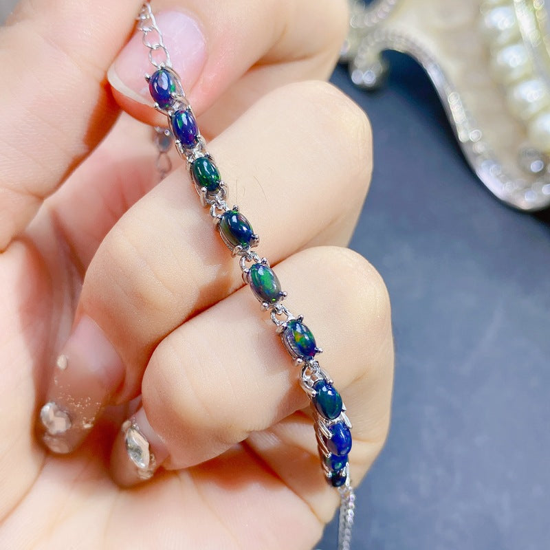 Women's Bracelet Simple 925 Silver with Natural Black Opal