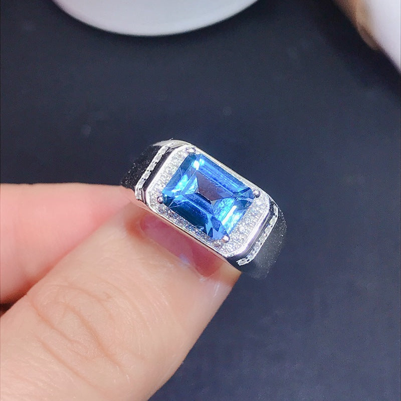 S925 Natural London Blue Topaz Men's Ring