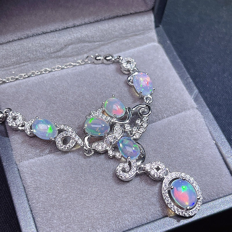 S925 Dazzling fire color natural fire opal collarbone chain necklace