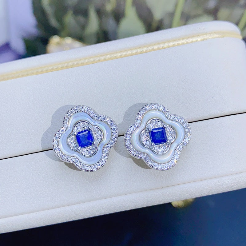 S925 Natural Sapphire Stud Earrings Shell Earrings