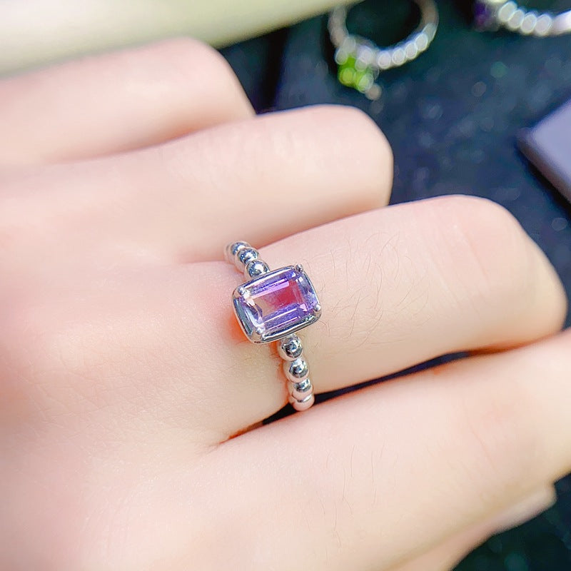 S925 Silver Small Octagonal 5*7mm Amethyst Ring