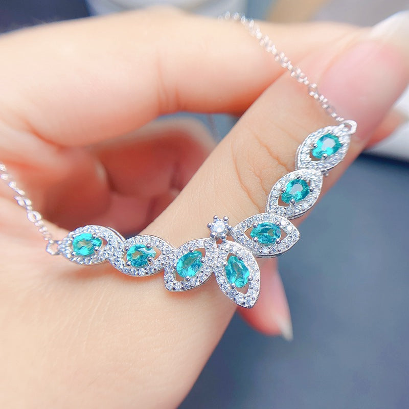 S925 Fashion Natural Green Topaz Necklace 925 Silver with Topaz in a row