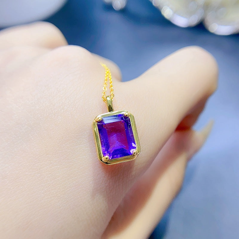 S925 Natural Amethyst Pendant Small Octagonal 8*10mm Ladies Pendant