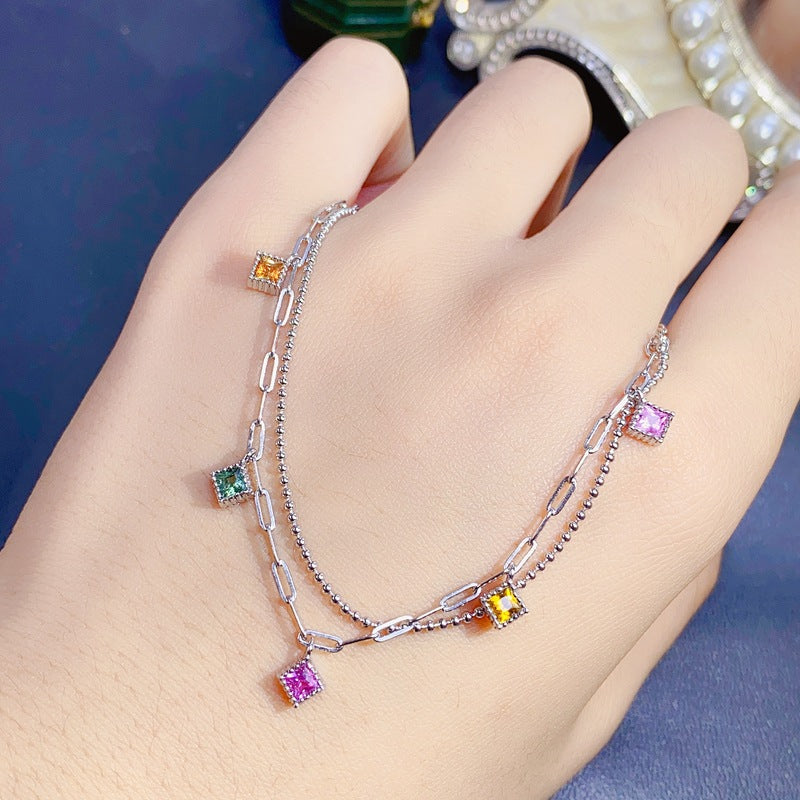 S925 Colorful Natural Tourmaline Square Bracelet