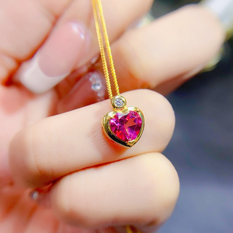 S925 Simple Natural Pink Topaz Pendant Heart Ladies Pendant