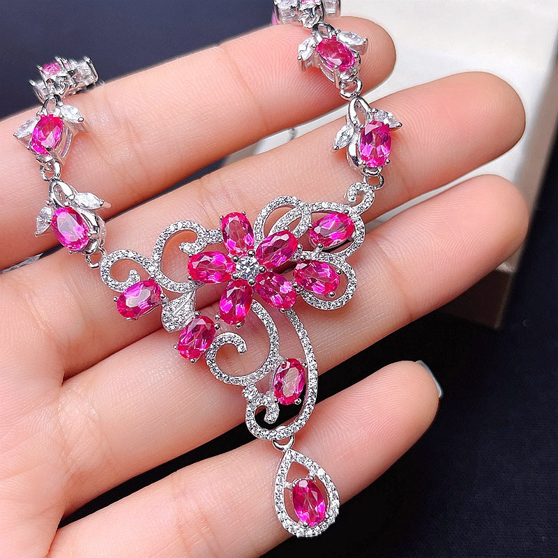 S925 Natural Pink Topaz Chain Row Necklace