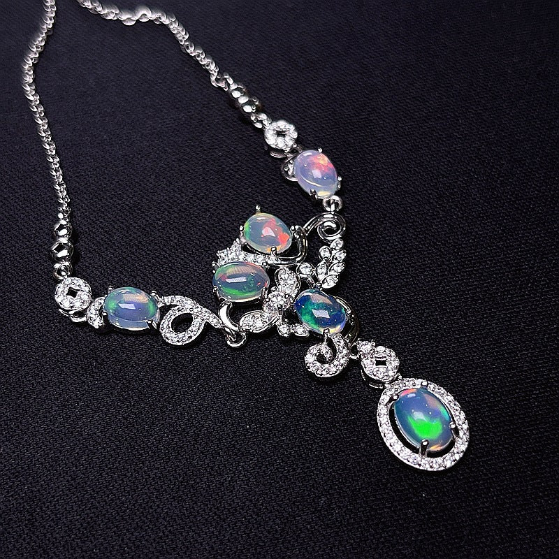 S925 Dazzling fire color natural fire opal collarbone chain necklace