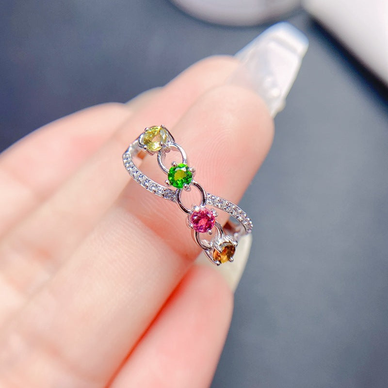 S925 Silver with Natural Tourmaline Row Ring