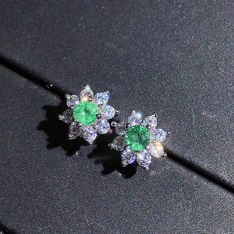 S925 Natural Emerald Stud Earrings with Diamonds