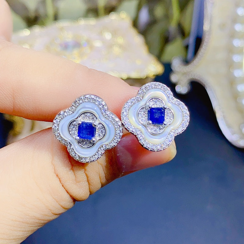 S925 Natural Sapphire Stud Earrings Shell Earrings