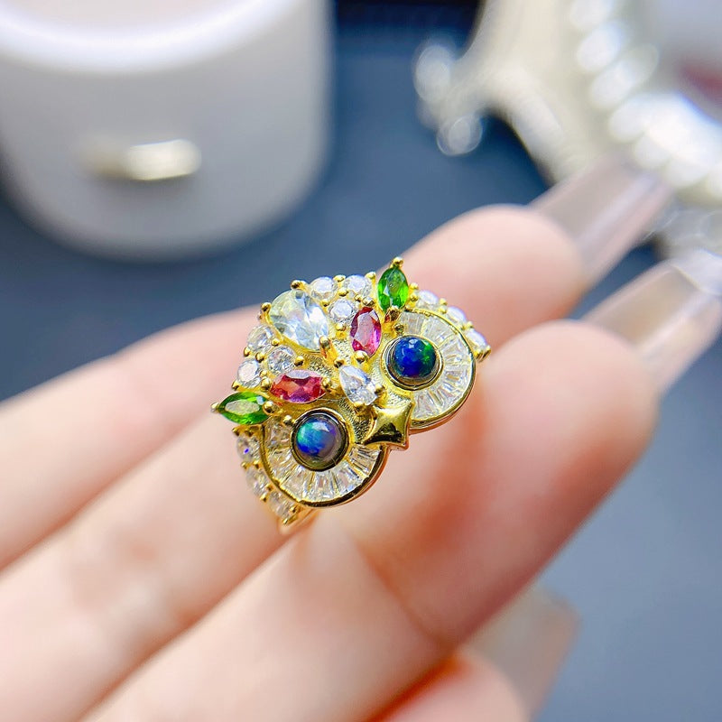 S925 Natural Black Opal Women's Ring with Aquamarine Pyrite Tourmaline