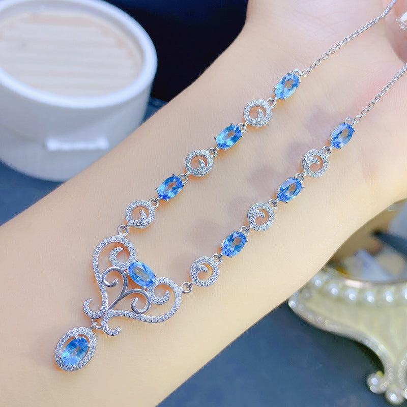 S925 Natural Swiss Blue Topaz Chain Row