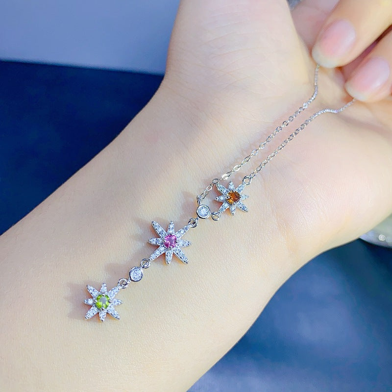 S925 Natural Color Tourmaline Sun Design Pendant Necklace