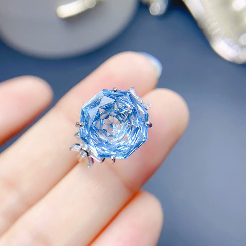 S925 Natural Rose Cut Crafted Blue Topaz Ring