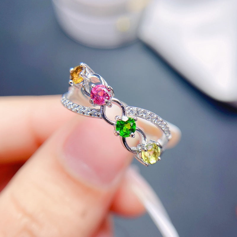 S925 Silver with Natural Tourmaline Row Ring