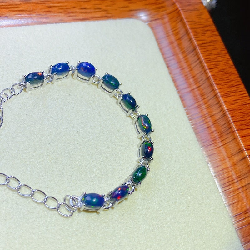 Women's Bracelet Simple 925 Silver with Natural Black Opal