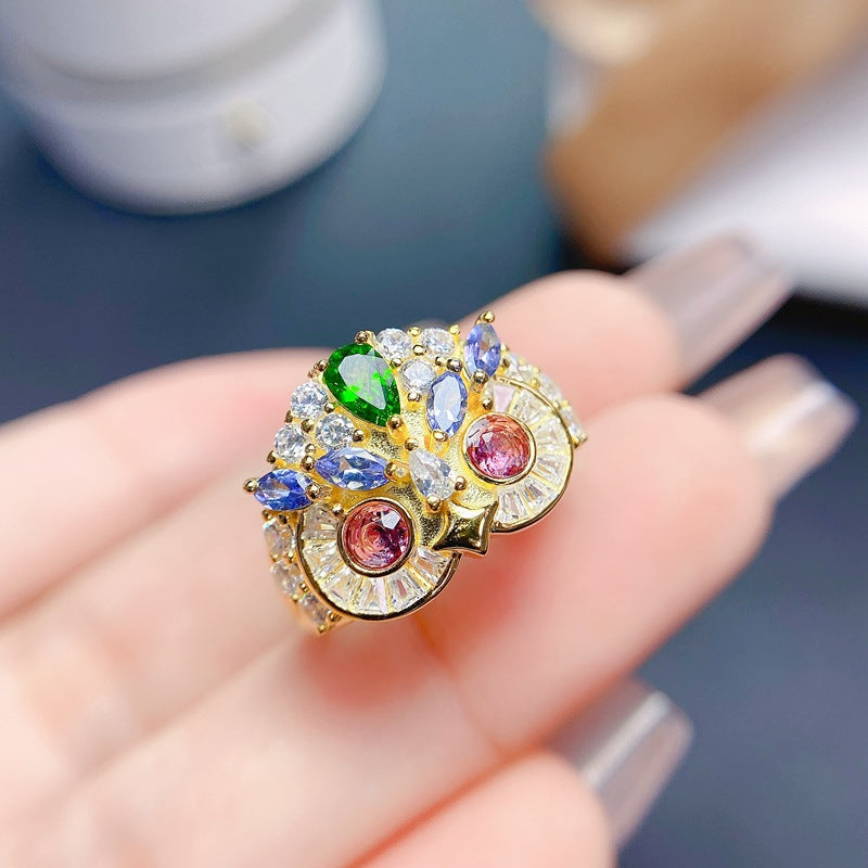 S925 Natural Tourmaline Women's Ring with Tourmaline Tanzanite Colorful Gemstones